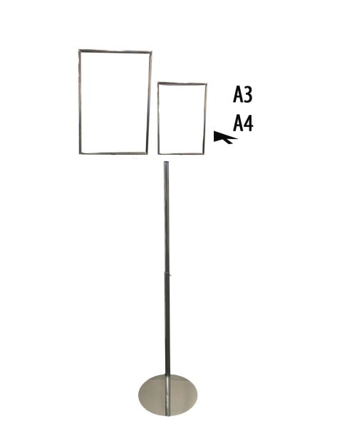 Fod i metal Ø 30 cm. 5,7 kg. Til skilteramme, justerbar, rund. Stang Ø 2 cm. H66-132 cm, krom - skilteholder købes seperat