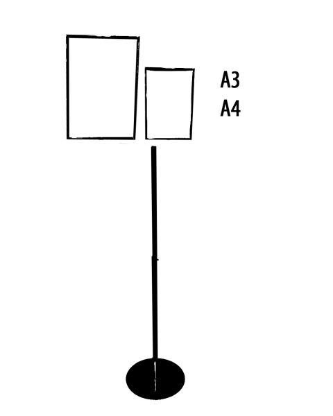 Fod i metal Ø 30 cm. 5,7 kg. Til skilteramme, justerbar, rund. Stang Ø 2 cm. H66-132 cm, sort - skilteholder købes seperat
