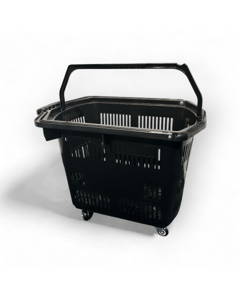 Indkøbskurv, med 2 håndtag 55 liter med 4 gode hjul, sort plast, træk og alm. B43 x D65 x H46 - Inkl. håndtag H 101 cm.