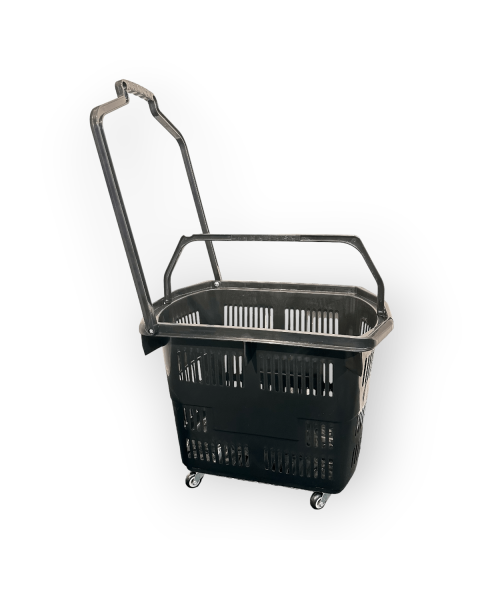 Indkøbskurv, med 2 håndtag 55 liter med 4 gode hjul, sort plast, træk og alm. B43 x D65 x H46 - Inkl. håndtag H 101 cm.
