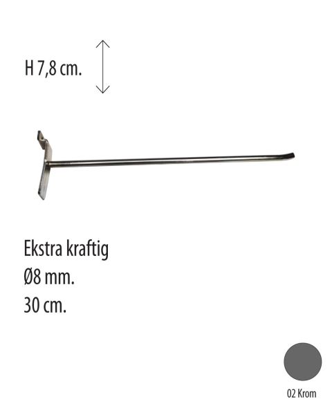 Varekrog, til panel, krom, 30 cm. Ø 8mm. Ekstra kraftig