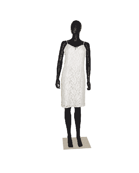 Damemannequin med lige arme og hoved uden ansigtstræk. H 180 cm. Børstet satin fodplade. Vælg farve sort eller hvid