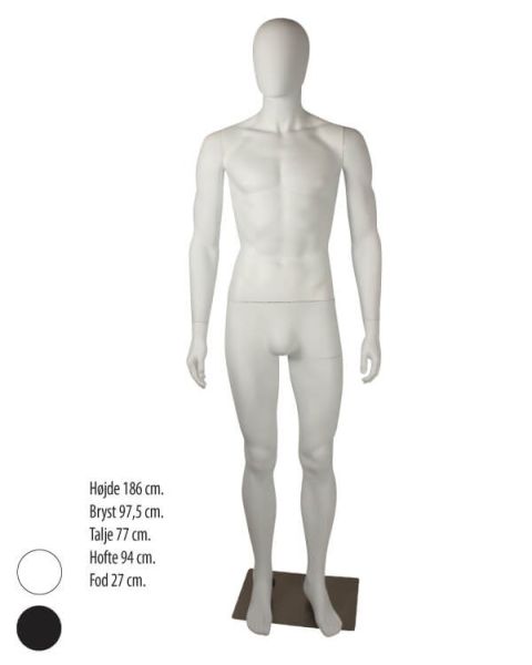 Herremannequin med lige arme, hoved uden ansigtstræk H 186 cm. Børstet satin metal fodplade. Vælg mellem sort eller hvid
