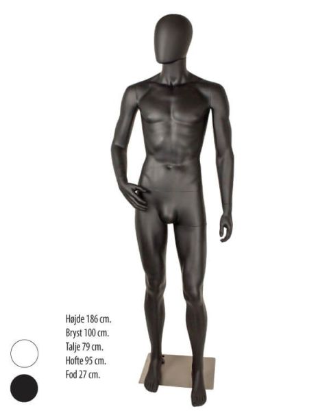 Herremannequin med bøjet arm, hoved uden ansigtstræk H 186 cm og børstet satin metal fodplade. Vælg farve