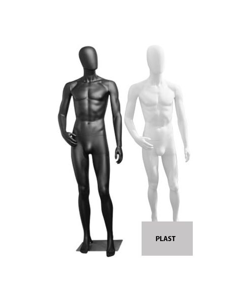 Herremannequin med bøjet arm, hoved uden ansigtstræk H 186 cm og børstet satin metal fodplade. Vælg farve