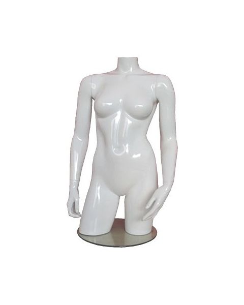 Dametorso i  glasfiber. Hvid high gloss uden hoved. Torso med hofter. På fodplade. 