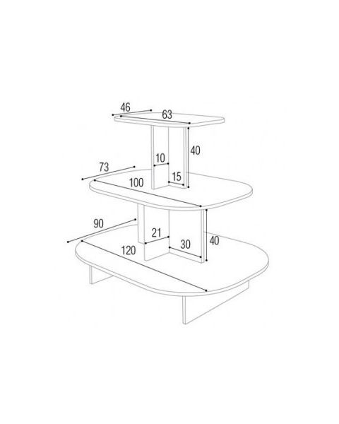 Pyramide oval - 3-lagsbord. Hvid melamin.  L 120 x D 90 x H 106 cm. Afrundet podie 3 niveauer