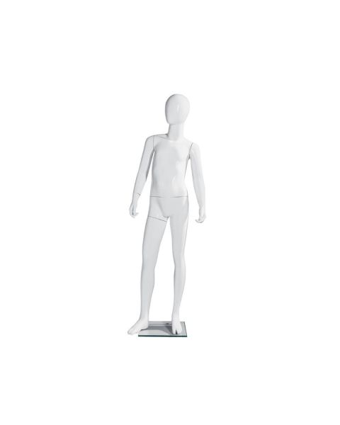 Børnemannequin, 10 år, med hoved, hvid high gloss, m/glas fodplade, H147 cm