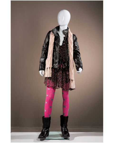 Børnemannequin, 10 år, med hoved, hvid high gloss, m/glas fodplade, H147 cm
