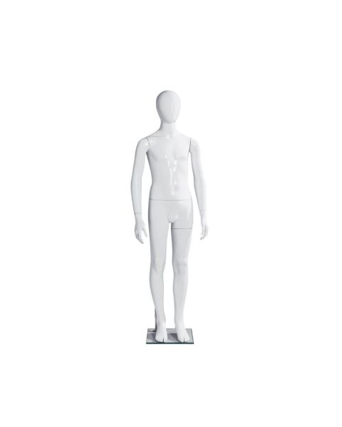 Børnemannequin, 12 år,med hoved, uden ansigt, hvid high gloss, m/glas fodplade, H154 cm