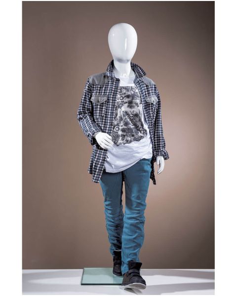 Børnemannequin, 6 år, med hovedt, hvid high gloss, m/glas fodplade, H125 cm