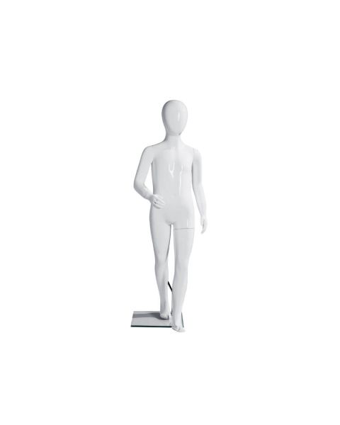 Børnemannequin, 6 år, med hovedt, hvid high gloss, m/glas fodplade, H125 cm