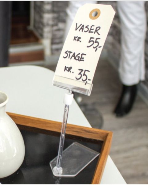 Flat-base, skilteholder, høj, med bred holder, klar akryl