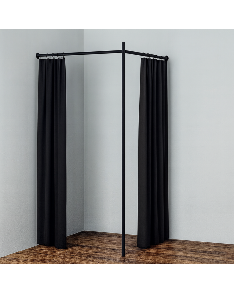 V-formet prøverum med søjle, sort stel og 2 sorte forhæng. 100 x 100 x H210 cm