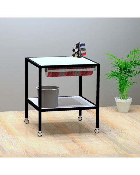 Luton, pakkebord, på hjul med hvid melaminplader, sort stel, 80 x 80 x H80 cm. Med tilbehør