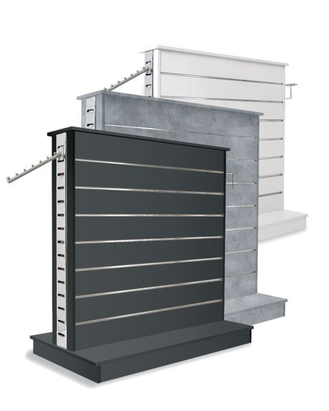 Dobbelt-sidet gondol m/ Zeta skinne og rillepanel. 4 -sidet. B125 x D60/25 x H135 cm. Vælg farve