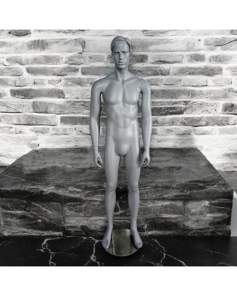 Herremannequin m/ ansigt - Standard, skulptureret hår - Mat grå