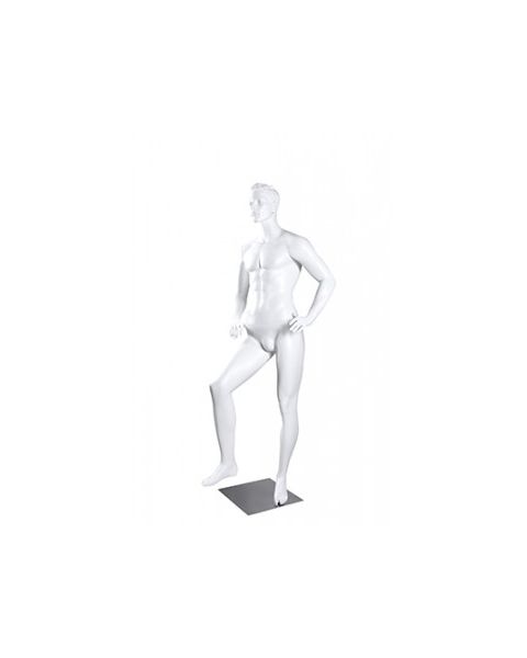 Sport herremannequin, fodboldspiller - hvid. Står - fod på bold