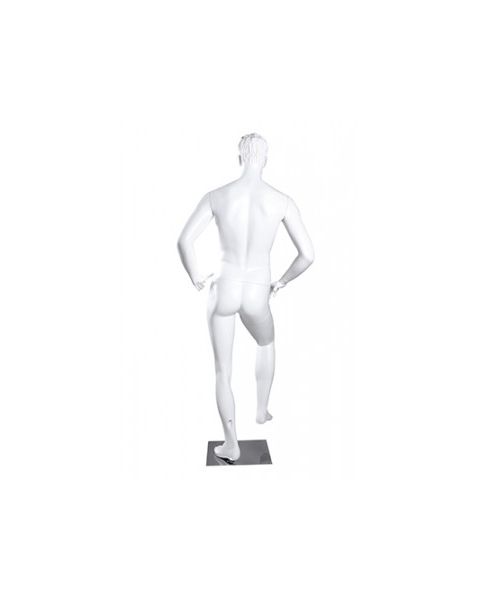 Sport herremannequin, fodboldspiller - hvid. Står - fod på bold