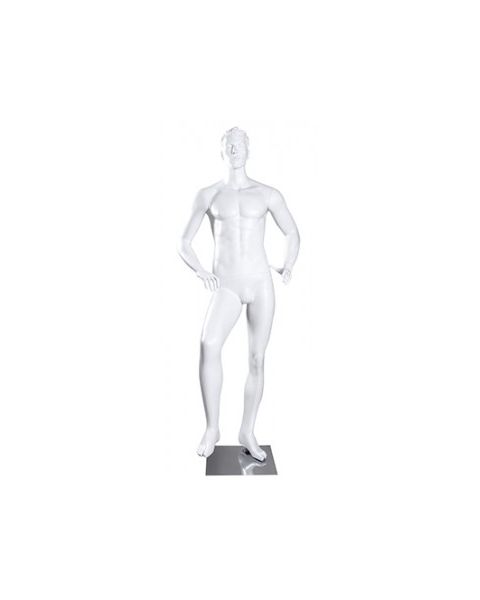 Sport herremannequin, fodboldspiller - hvid. Står - fod på bold