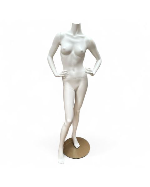 Headless damemannequin. Hvid, mat uden hoved. Rund glas fodplade. Glasfiber.