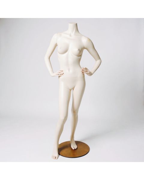 Headless damemannequin. Hvid, mat uden hoved. Rund glas fodplade. Glasfiber.