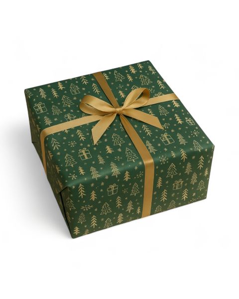 Julepapir, grøn med motiver i guld. B 50 x 50 m.