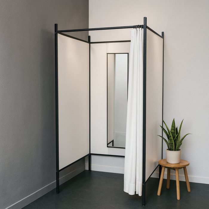 3-sidet prøverum. Sæt med sort stel og forhæng. ( B 100 x D 100 x H 210 cm.) - Vælg farve på forhæng