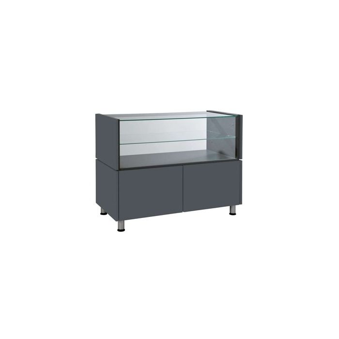 Grundmodul med glasfront.HER vist MED 6 frontplader som skal tilkøbes.Grundmodul fås i Hvid eller antracit med glas front og top til fremvisning af dine varer.Mål: B111 x D53 x H93cm.