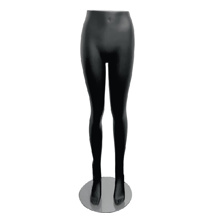 Sort dame mannequin underdel til display af bukser, nederdele og shorts.

Mannequin underdelen har både fod og lægspyd, så det er muligt at sætte sko på mannequin underdelen.
Mannequin kommer med en fodplade i glas.

Mannequin underdelen har et gevin