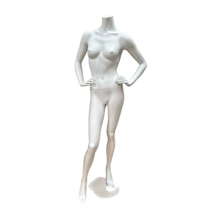 Headless damemannequin. Hvid, mat uden hoved. Rund glas fodplade. Glasfiber. Skade på arm og lidt på hænder. 2 sortering