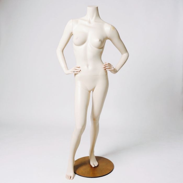 Headless damemannequin. Hvid, mat uden hoved. Rund glas fodplade. Glasfiber.