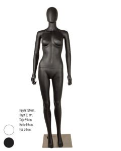 Damemannequin med lige arme og hoved uden ansigtstræk. H 180 cm. Børstet satin fodplade. Vælg farve sort eller hvid